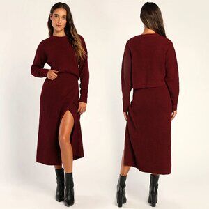 Lulus Autumn Sweetheart Burgundy Waffle Knit Two-Piece Sweater Dress - Size M